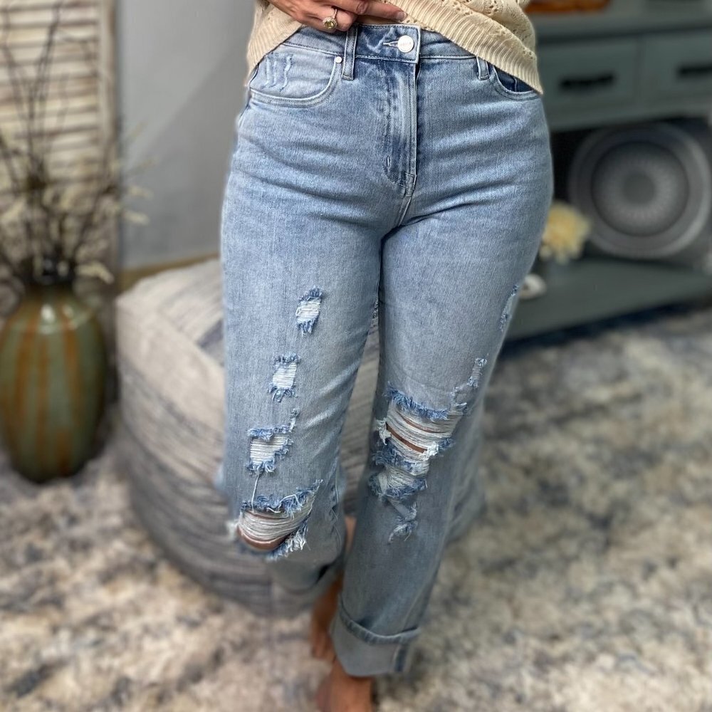 Risen High Rise Boyfriend Distressed Straight Stretch Jeans Light 2422
